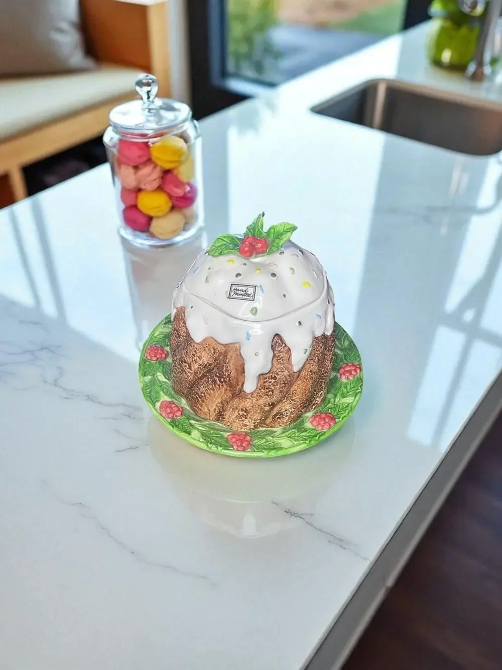 1993 Fitz & Floyd Hand Painted Plum Pudding Holly Leaves Christmas Cookie Jar